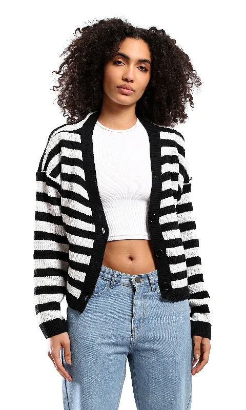 O173655 Striped Black & White Knitted Short Cardigan Terry Blend Velvet Blend Canvas Blend