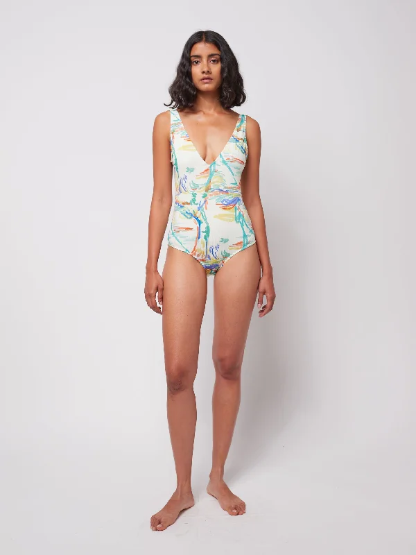 Spring Landscape Print Rib V.Neck Swimsuit Swimsuit with Skirt