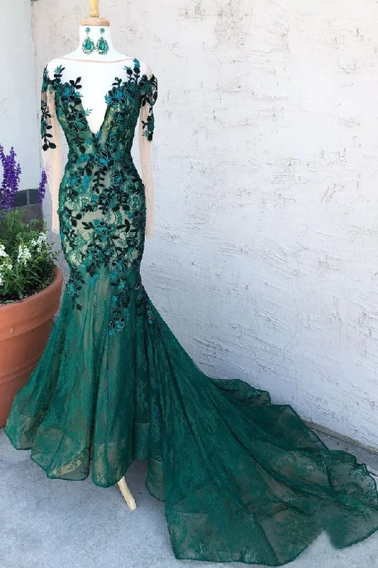 Mermaid Dark Green Prom Dress With Long Sleeves Illusion Neck Party Dress OKS6 Glittery Long Formal Mermaid Dark Green Prom Dress With Long Sleeves Illusion Neck Party Dress OKS6 Glittery Long Formal