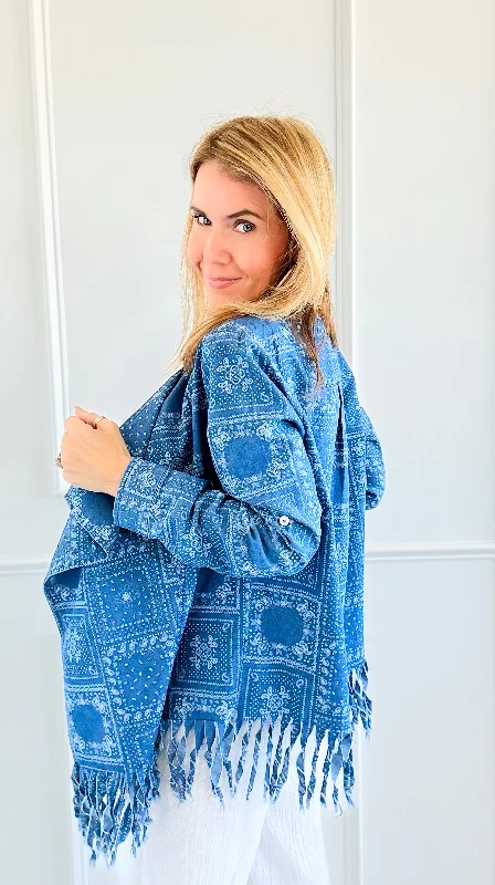 Boho Print Denim Fringed Cardigan Chenille Brocade Lace