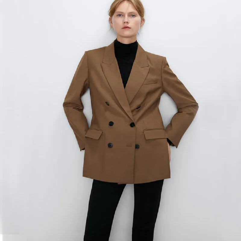 2022 ZA Brown Double Breasted Blazer For Women Brand Autumn  Long Sleeve Pockets Coats Office Wear Casual Tops Coat Jackets Tiered Jacket Buttoned Jacket Zippered Jacket