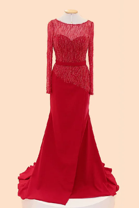 Long Sleeves Red Beaded Cap Sleeves Prom Party Dress ED1033 Tunics Stylish modern