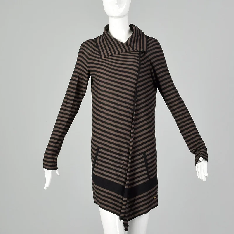XS 1990s Black Brown Striped Cardigan Sweater Zippered Buttoned Snapped
