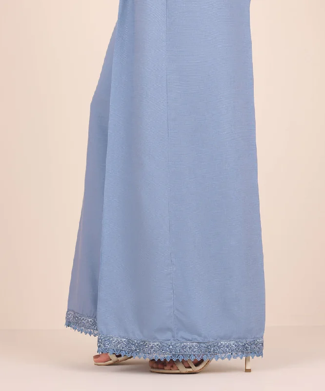 Embroidered Raw Silk Flared Pants Soft Stretch Leggings