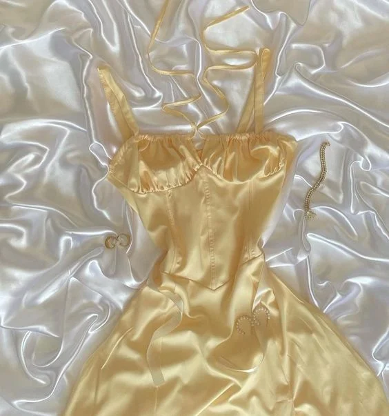 Light Yellow Spaghetti Straps Satin Mini Party Dress Mini Birthday Outfit, DP3519 Tunics Velvet soft