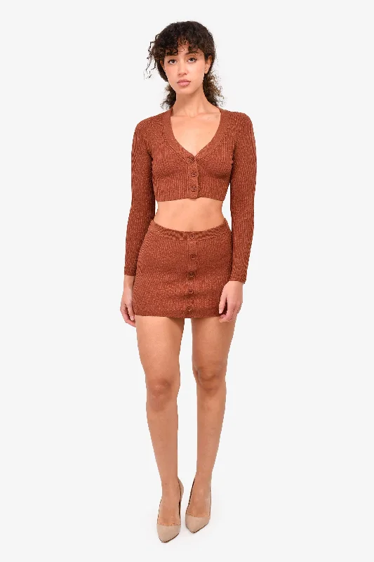 Camila Coelho Brown Metallic Cardigan Sweater + Skirt Set Size XS Cable Knit Ribbed Knit Lace Knit