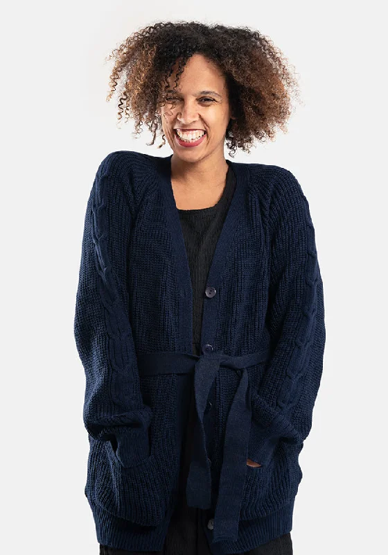 Navy Long Line Cable Sleeve Cardigan Asymmetrical,ymmetric Pencil Cardigan