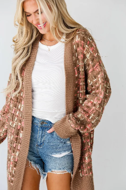 FINAL SALE - Cuddly Instinct Mocha Plaid Stitch Cardigan Boxy Cardigan Fitted Cardigan A-Line