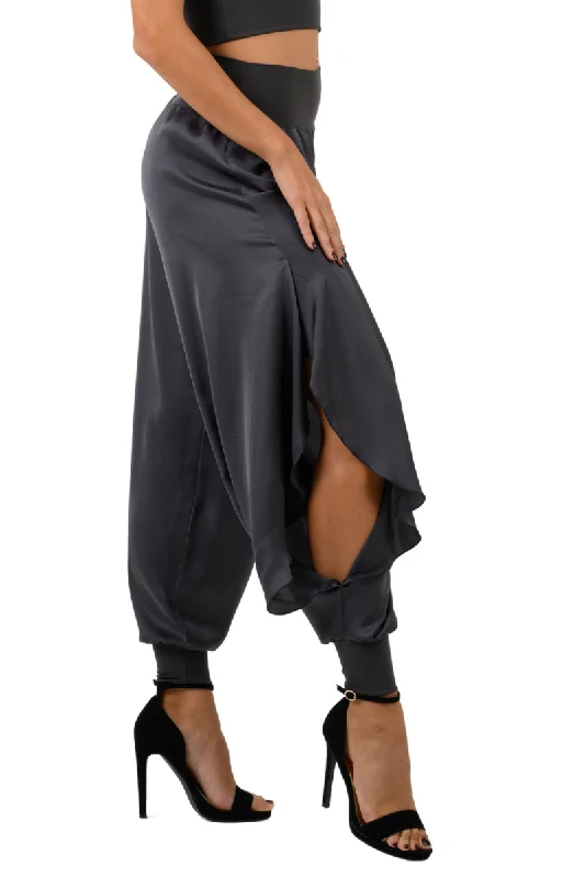 Satin Pants With Slits And Ankle Cuffs Elegant High-Waist Pants