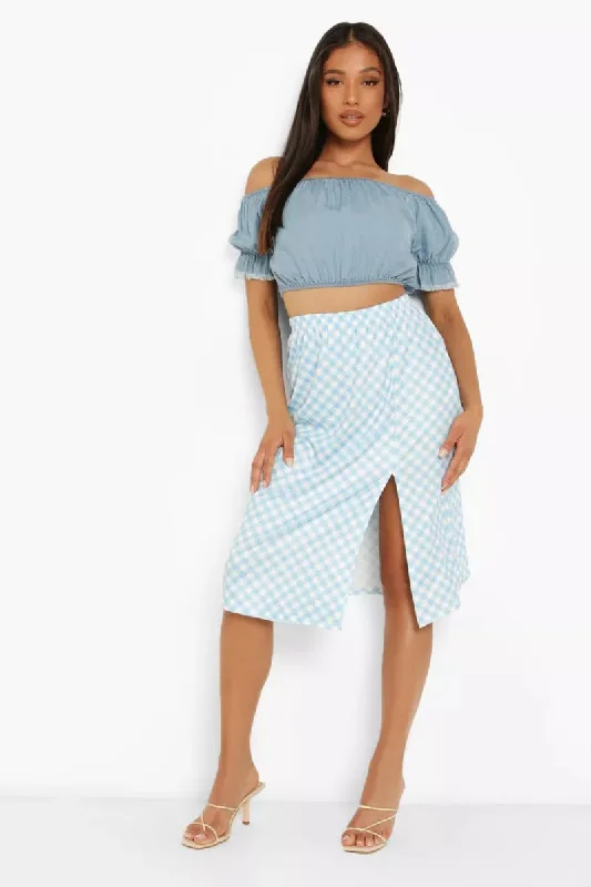 Boohoo Petite Gingham Side Split Midi Ladies Skirt velvet skirt glossy