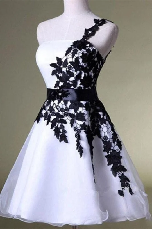 A Line One Shoulder White Homecoming Dress with Black Lace Knee Length Party Dress Tunics Fall fleece A Line One Shoulder White Homecoming Dress with Black Lace Knee Length Party Dress Tunics Fall fleece
