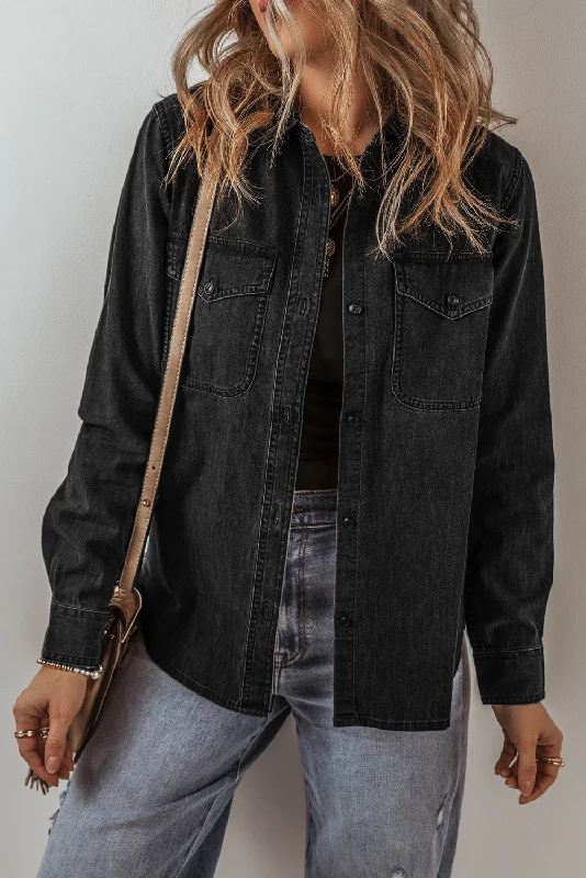 Black Flap Pocket Buttons Collared Jean Jacket Zippered Jacket Buttoned Jacket Snapped Jacket