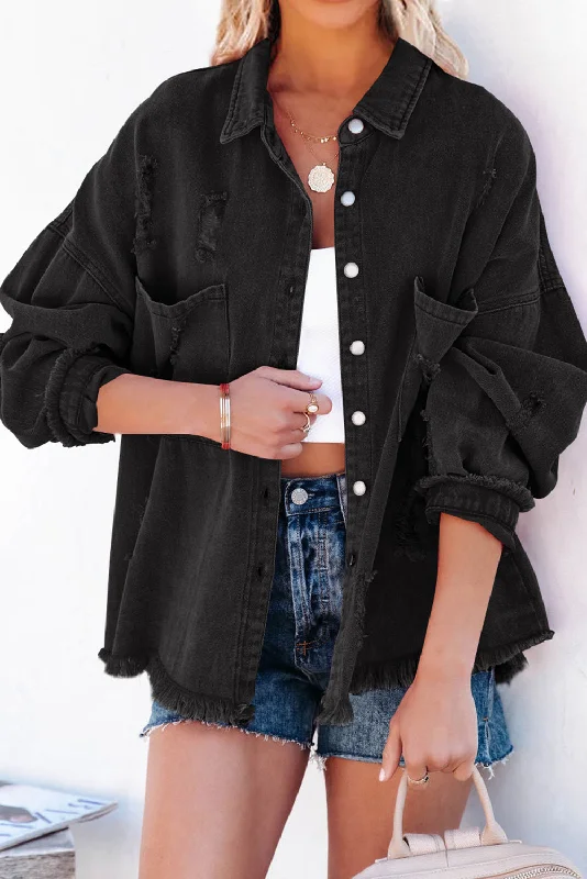 Black Distressed Fringe Trim Denim Jacket Herringbone Jacket Checkered Jacket Solid Jacket