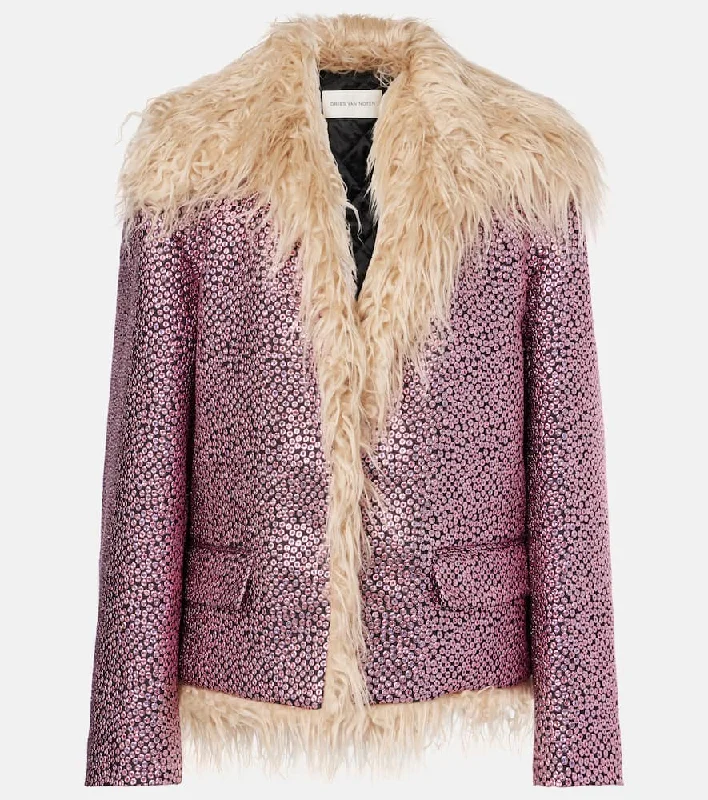 Dries Van Noten Faux fur-trimmed embellished jacket Denim Fabric Leather Fabric Suede Fabric