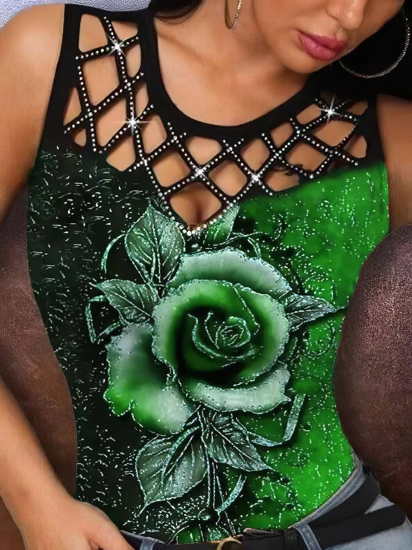 Rose Print Sleeveless Tank Top lime green tank