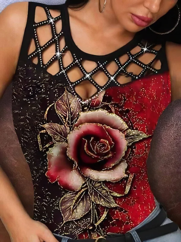 Women's Sleeveless Rose Tank Top with Cutout Detail slim fit tank