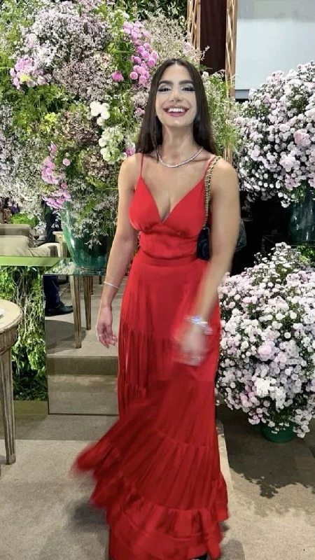 Charming Red Spaghetti Straps A-Line Satin Long Party Dress, DP3549 Peplum Ruffle Cocktail
