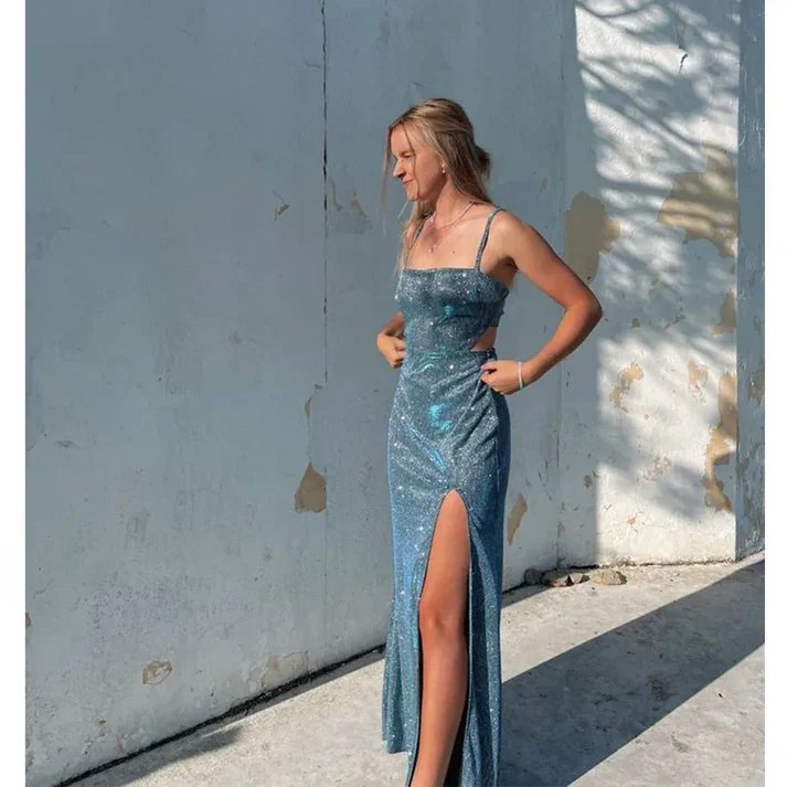 Shiny Spaghetti Straps Backless Long Party Dress with Slit, DP2621 Tunics Versatile stylish Shiny Spaghetti Straps Backless Long Party Dress with Slit, DP2621 Tunics Versatile stylish