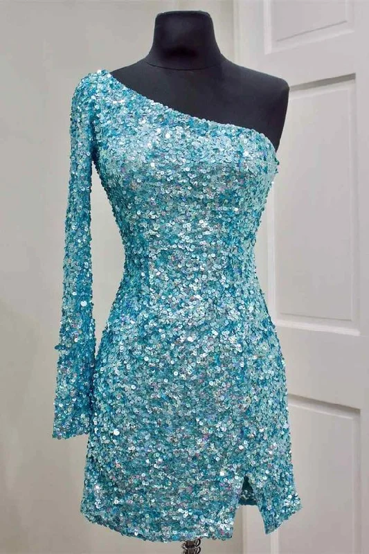 one sleeve party dress for homecoming dress  C1029 Crew Neckline Casual
