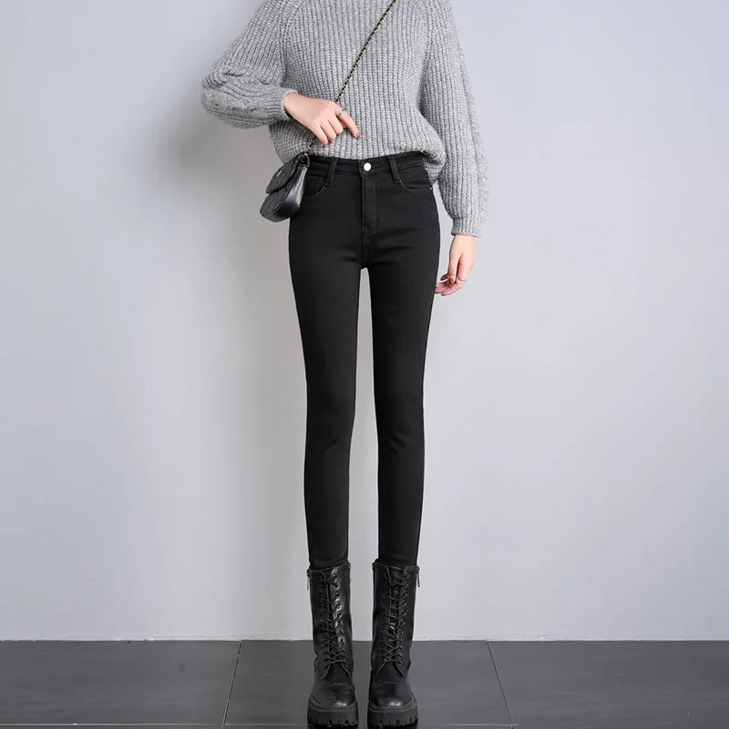 High Waist Velvet Thickening Denim Female Stretch Feet Pants Classic Bootcut Trousers