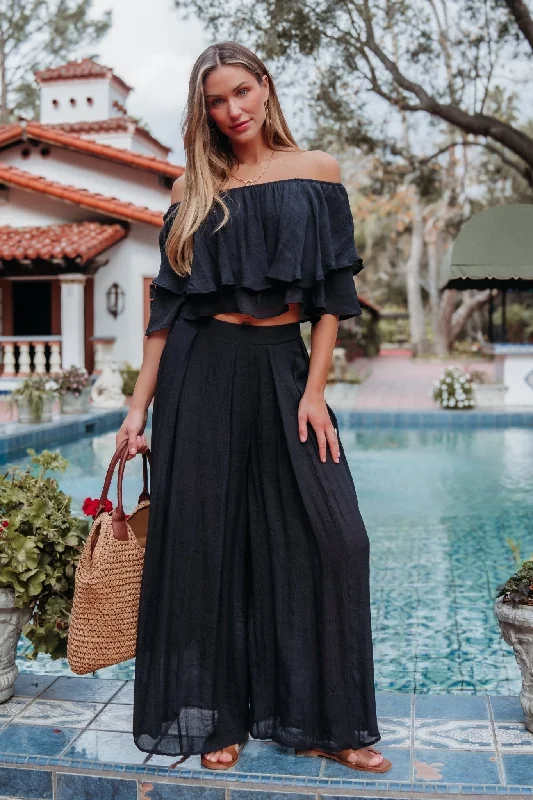 Black Off The Shoulder Top And Pants Set Comfy High-Waist Jeans