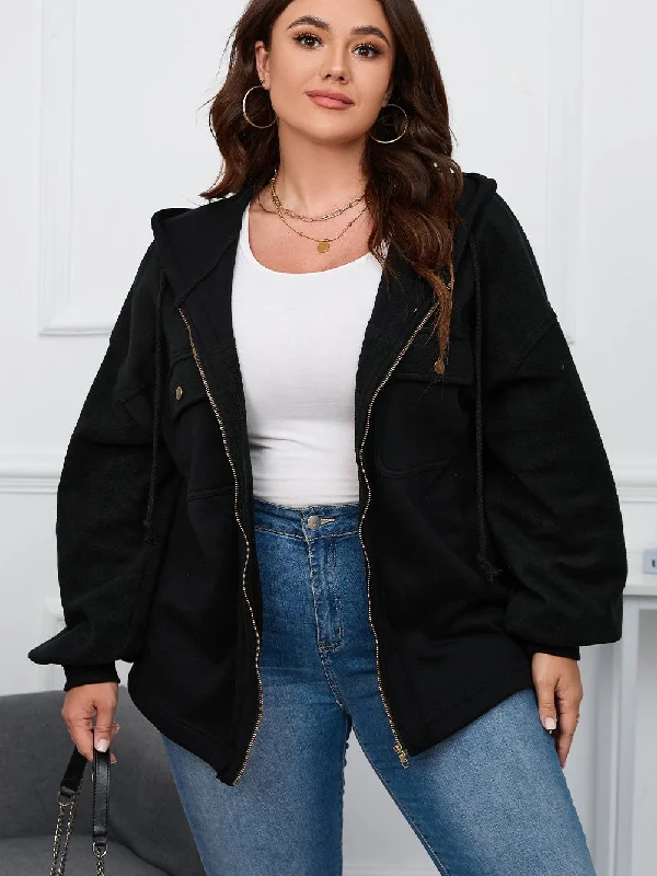 Black Plus Size Bishop Sleeve Zip Up Hooded Jacket Welt Pockets Slit Pockets Flap Pockets