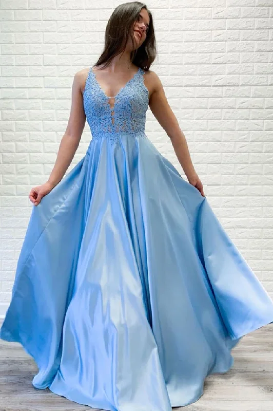 A-line V-neck Lace Appliques Long Satin Prom Dress Blue Evening Party Dress OKR67 Tunics Cozy soft A-line V-neck Lace Appliques Long Satin Prom Dress Blue Evening Party Dress OKR67 Tunics Cozy soft