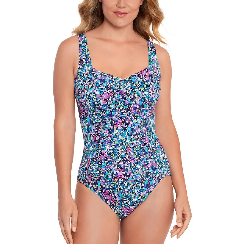Swim Solutions Womens Printed Tummy Control One-Piece Swimsuit Ruched Swimwear Set
