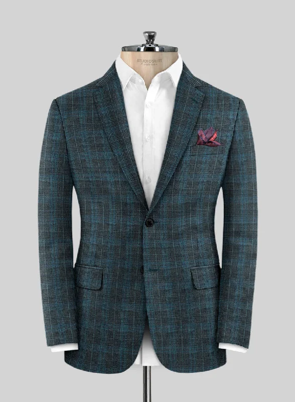 Reda Cyan Green Checks Wool Jacket Stand-Up Collar Roll-Neck Collar Turtle Neck