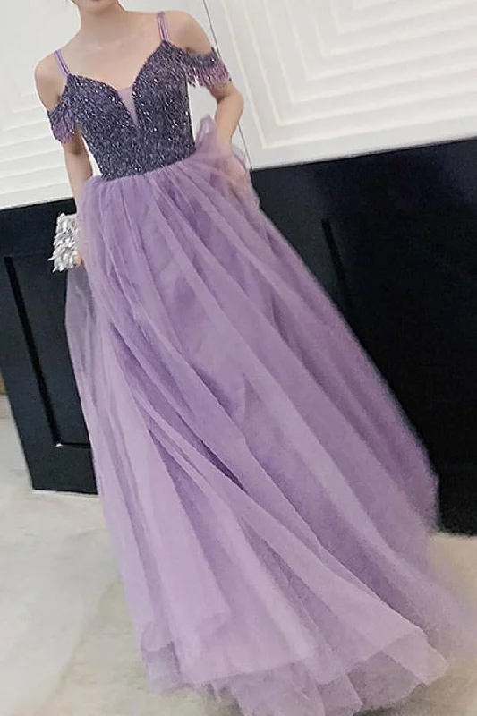 Elegant Cold Shoulder Beaded Lilac Tulle A Line Long Prom Party Dress OK1394 Tunics Custom made Elegant Cold Shoulder Beaded Lilac Tulle A Line Long Prom Party Dress OK1394 Tunics Custom made