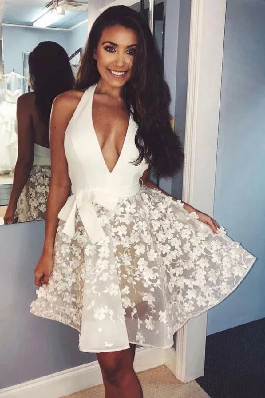 Ivory Lace Applique Halter Sexy Homecoming Dresses V Neck Sleeveless Short Party Dress Tunics Seasonal trendy Ivory Lace Applique Halter Sexy Homecoming Dresses V Neck Sleeveless Short Party Dress Tunics Seasonal trendy