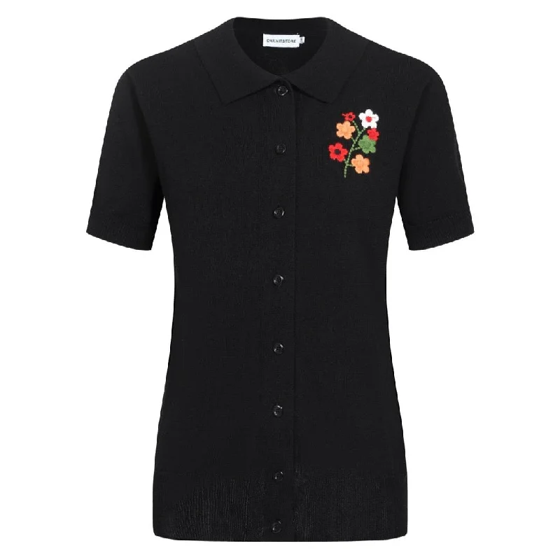 Women's black vintage embroidered floral cardigan top Glossy Satin Silk