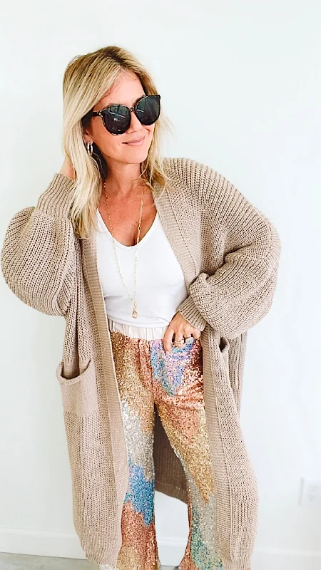 Sugar High Long Italian Cardigan - Taupe Chenille Blend Fleece Blend Nylon Blend