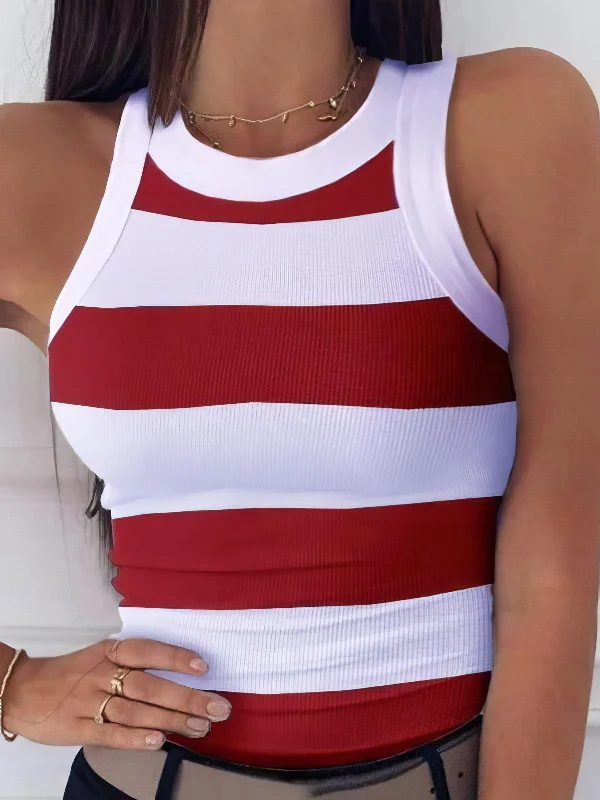 Ribbed Knit Sleeveless Striped Tank turquoise tank top
