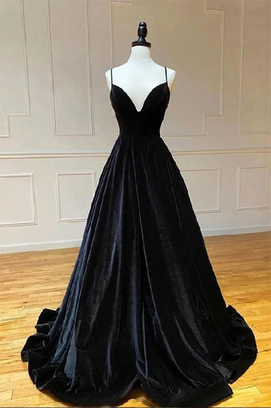 Black Velvet V Neck A Line Long Prom Dress Spaghetti Straps Long Party Dress Tunics Designer luxury