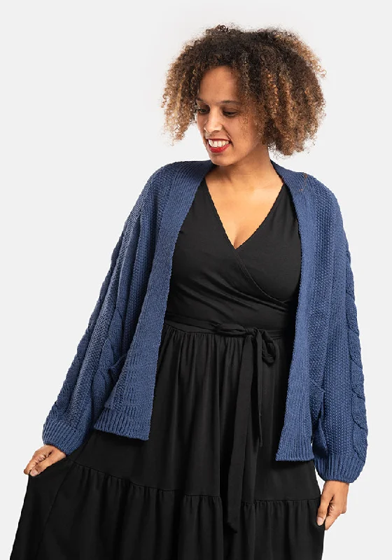 Denim Blue Chunky Cable Sleeve Cardigan Crew Neck V-Neck Turtle Neck