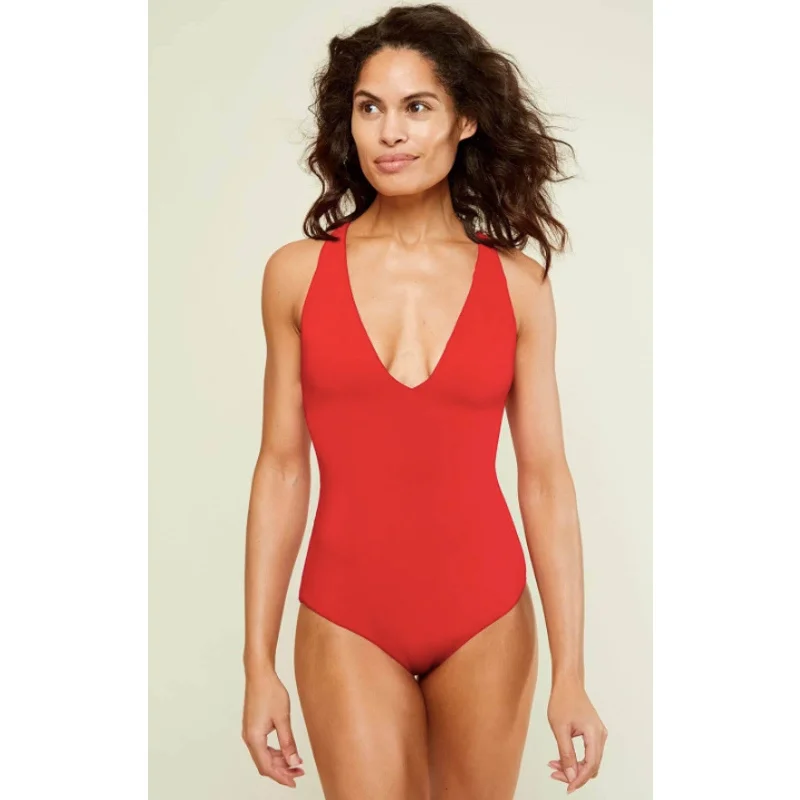 Andie Swim Womens The Bali One Piece Swimsuit Medium Tall Red Plunge Retro Swimwear Style