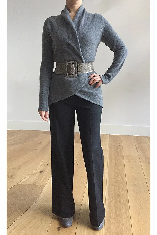 Mid grey Cashmere Cardigan - Pointelle Open Front Closed Front Wrap Front