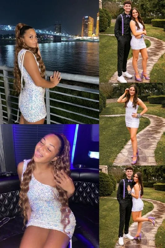one shoulder white sequins mini bodycon dress party dress C803 Tunics Short Trendy