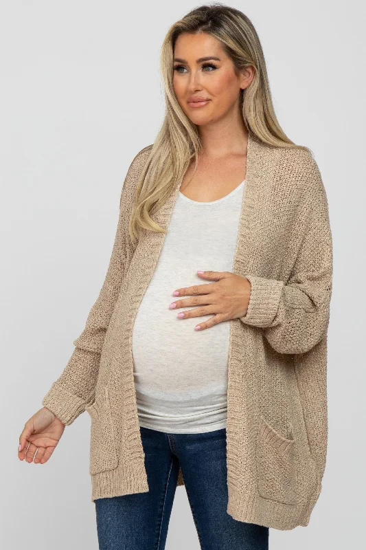 Beige Cuff Sleeve Maternity Cardigan Ribbed Striped Patterned