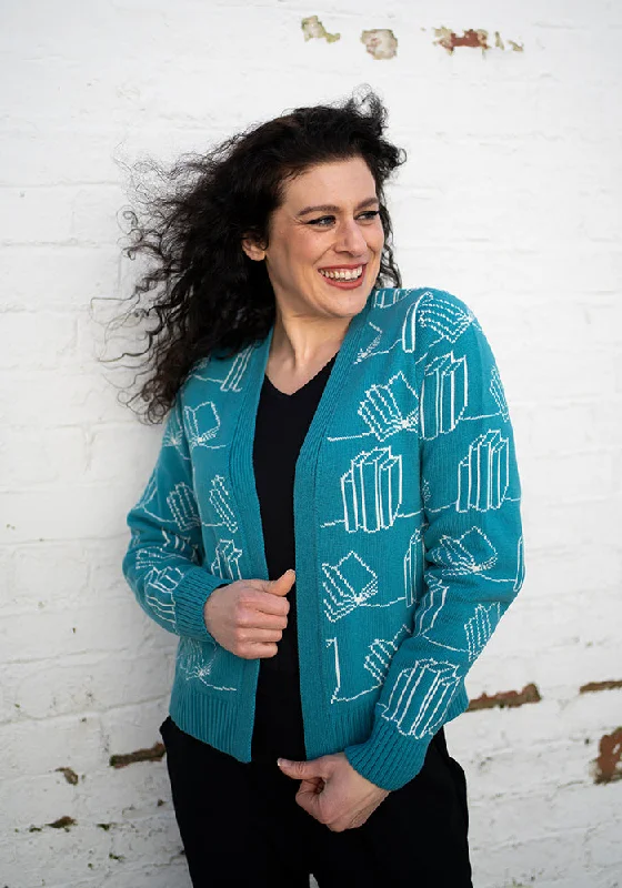 Teal Book Knit Cardigan Denim Fabric Leather Fabric Suede Fabric