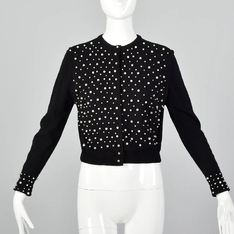 XS 1950s Black Cashmere Cardigan with Pearl Beading Beaded Cardigan Sequined Faux Fur