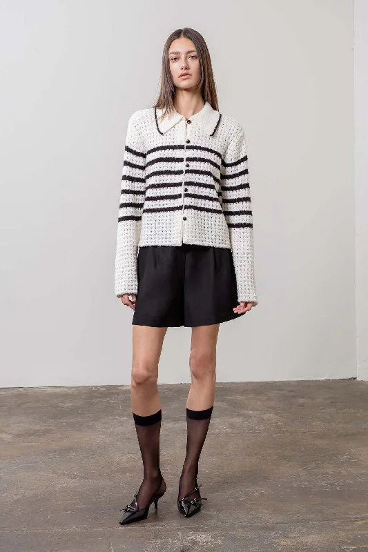 stripe collared cardigan Wool Fabric Cashmere Fabric Tweed Fabric