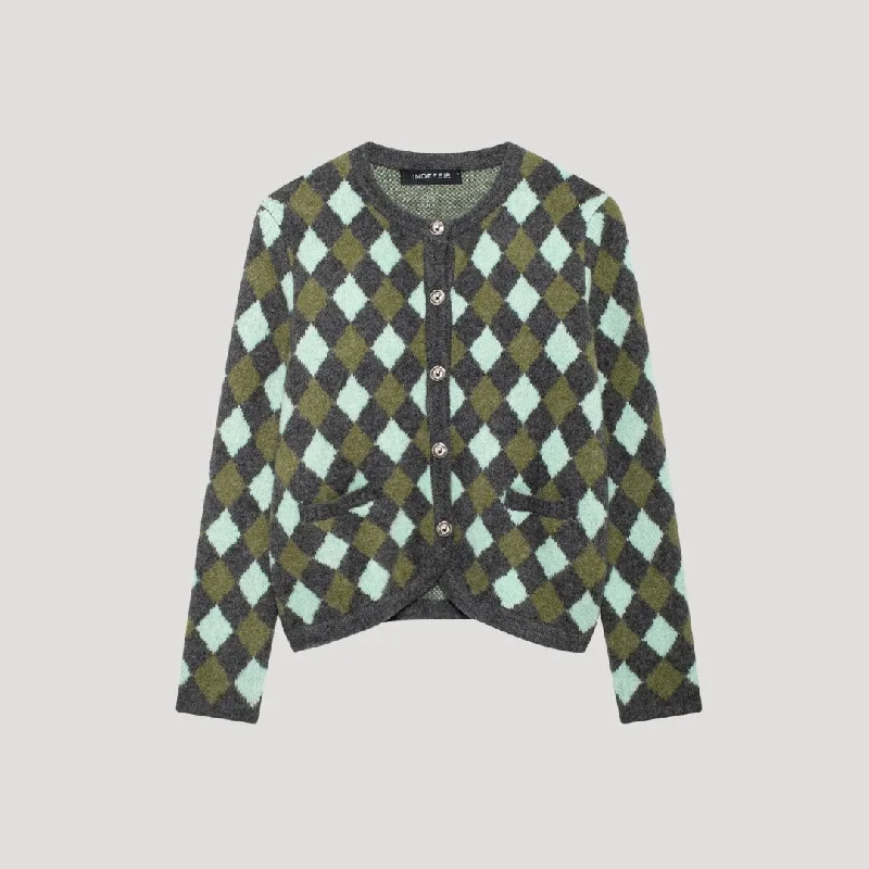 Argyle knit button-up cardigan Elegant Classic Vintage