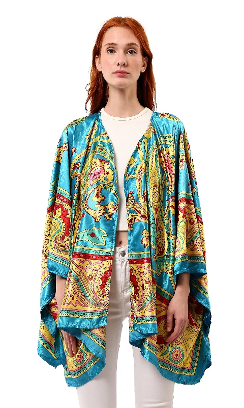 O182856 Slip On Open Neckline Stain Cardigan - Turquoise & Yellow Cashmere Blend Cotton Blend Poly Blend
