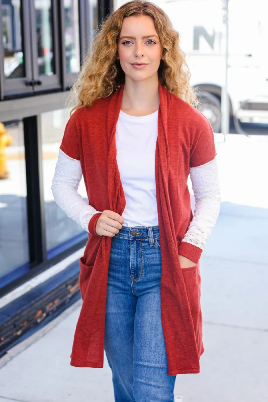 Rust Lace Sleeve Pocketed Long Cardigan Embroidered Appliqued Beaded