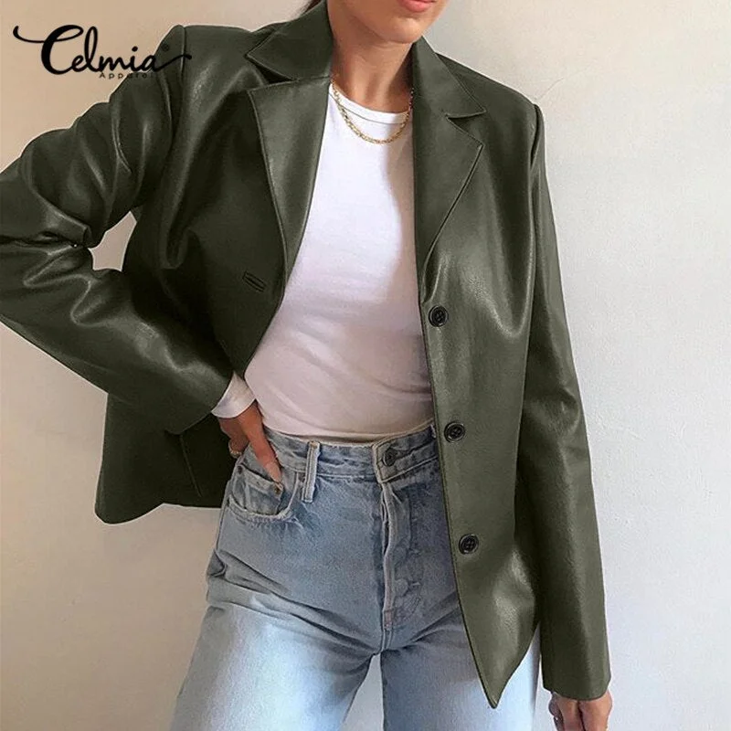 Women's Autumn Winter Long Sleeve Blazers 2022 Celmia Oversized PU Leather Coats Casual Solid Business Suit Collar Jackets Welt Pockets Slit Pockets Flap Pockets