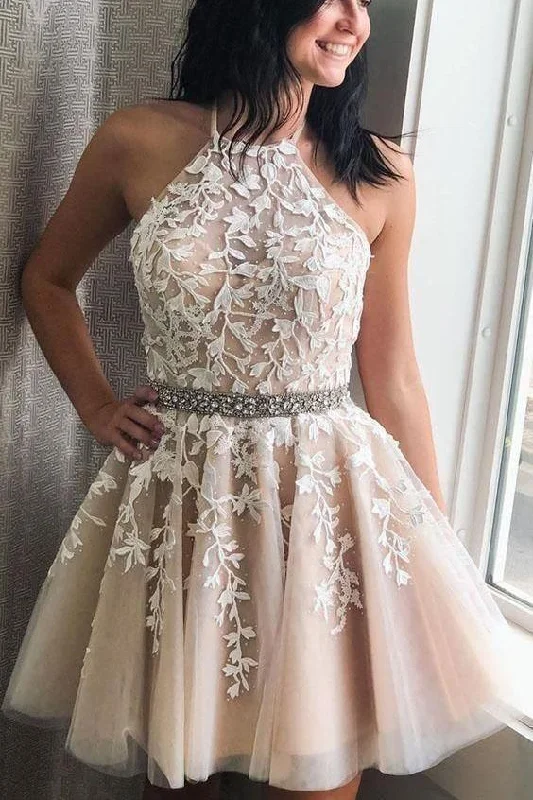 Elegant Halter Lace Appliques Beads Short Party Dresses Simple Homecoming Dresses Tunics Occasion special Elegant Halter Lace Appliques Beads Short Party Dresses Simple Homecoming Dresses Tunics Occasion special