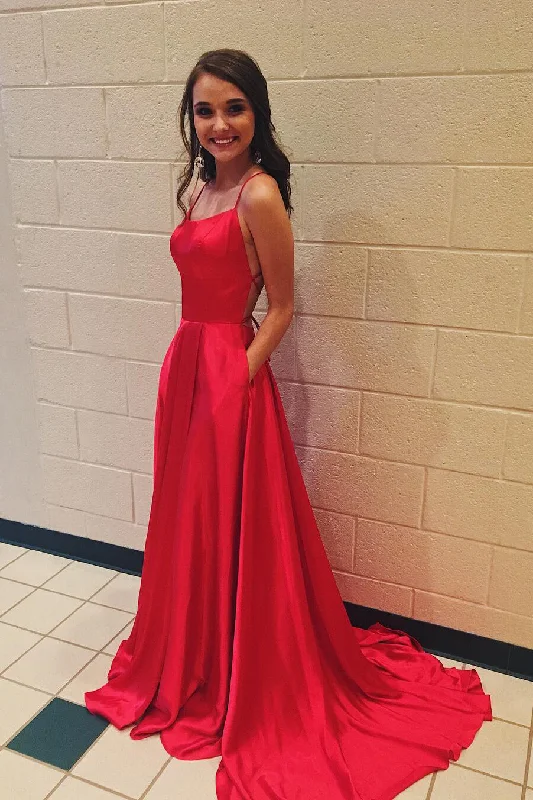 Red Spaghetti Strap Prom Dress with Pockets Sexy Long Split Party Dress OKJ87 Tunics Stylish modern