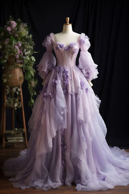 Lavender Long Sleeves Lace Appliques A-Line Long Party Dress Evening Gown, DP2796 Square Neckline Feminine Lavender Long Sleeves Lace Appliques A-Line Long Party Dress Evening Gown, DP2796 Square Neckline Feminine